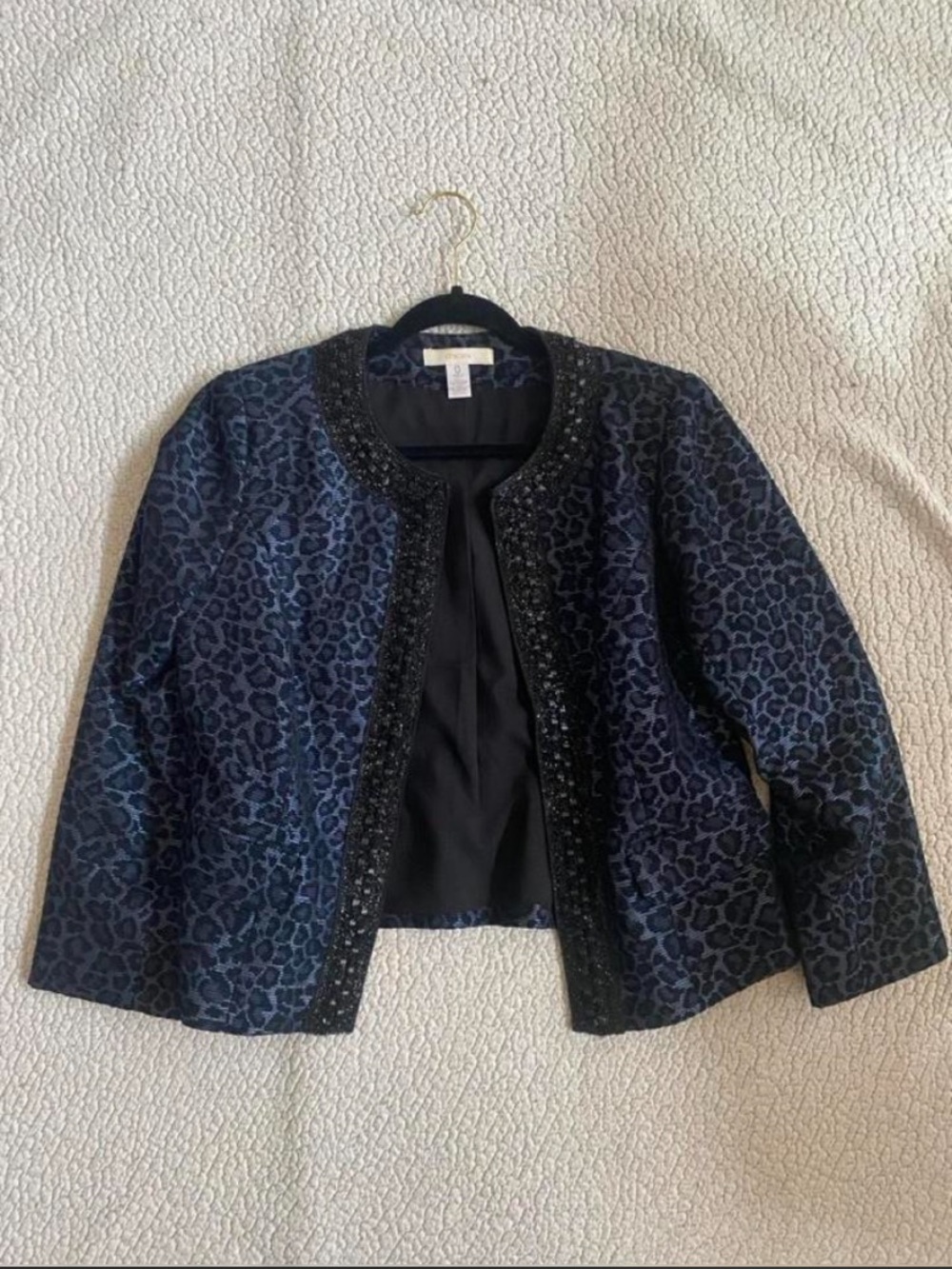 Chico's Navy and Black Leopard Print with Black Sparkle Accent -Open Jacket
